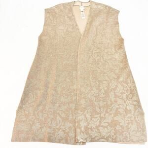 Chico's Embossed Patterned Open Long Sleeveless Cardigan Tan Gold Size 3